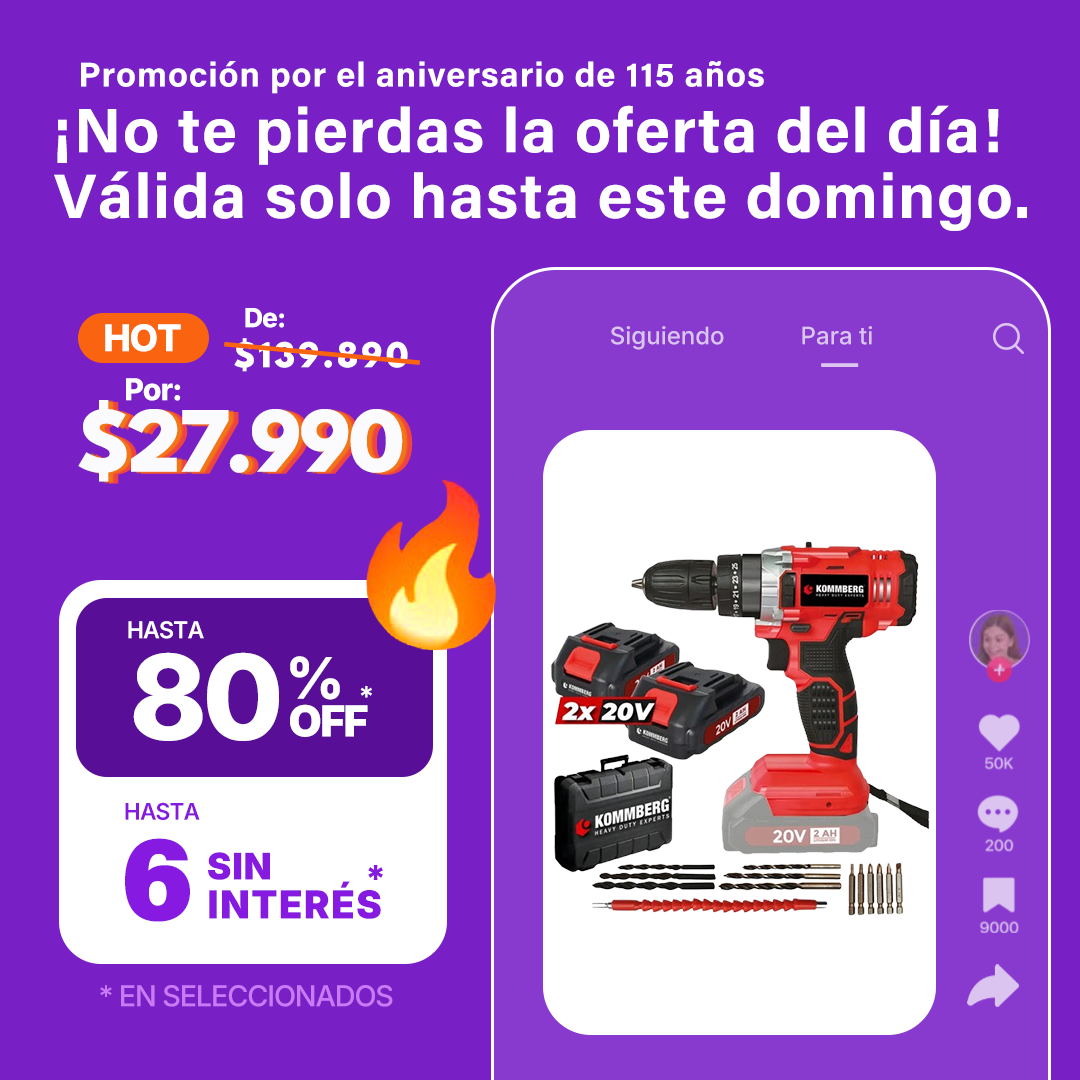 Taladro Percutor + 2 Baterias 20v Kommberg 13mm Maletin 2 Baterias, Cargador Y Accesorios Kb-tpb1020-2