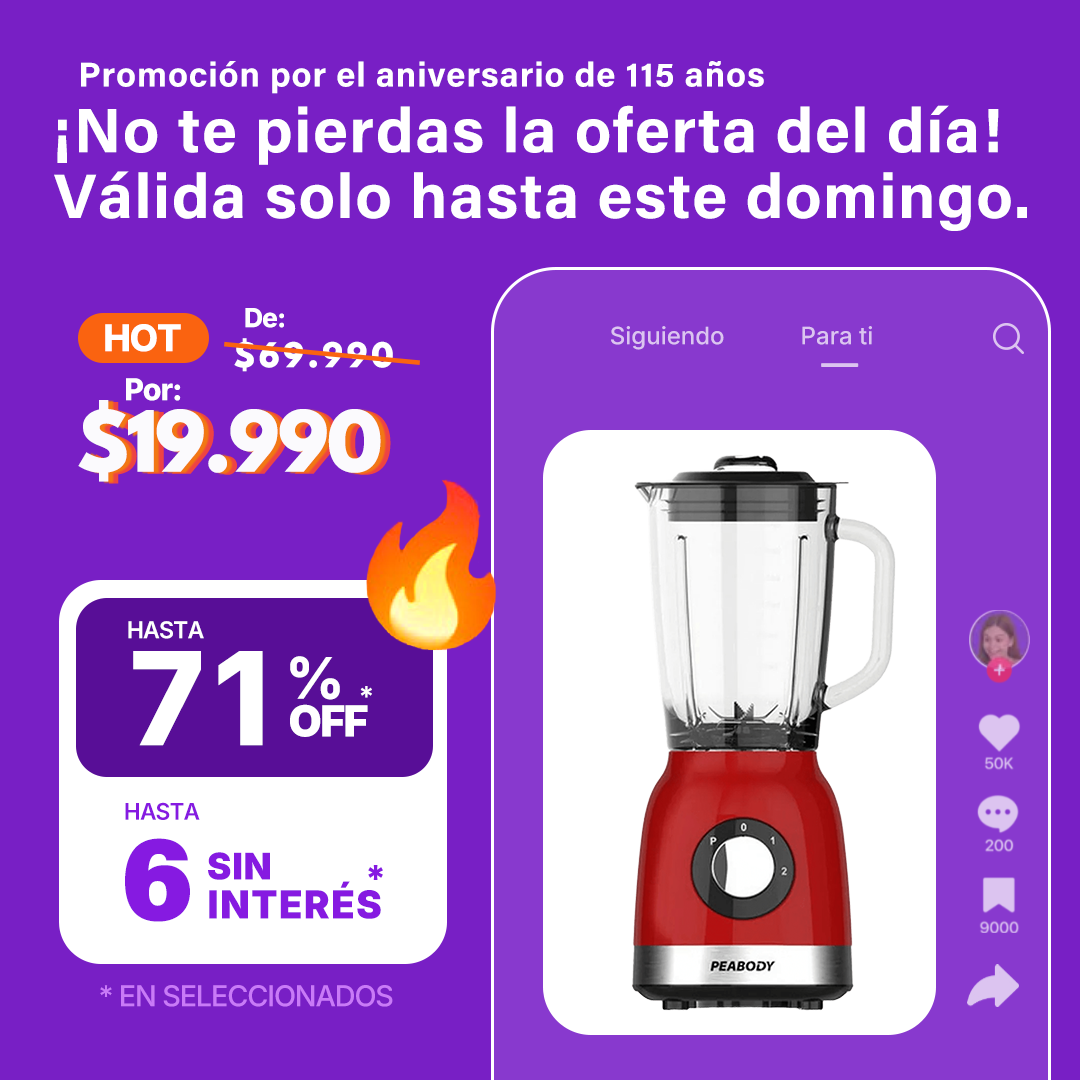 Licuadora Peabody PE-LN810R Roja 2 Velocidades Jarra de Vidrio 1.75 Litros