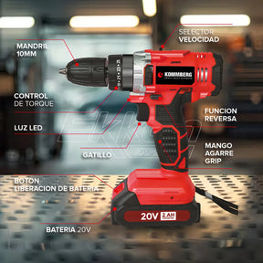 Taladro Percutor + 2 Baterias 20v Kommberg 13mm Maletin 2 Baterias, Cargador Y Accesorios Kb-tpb1020-2