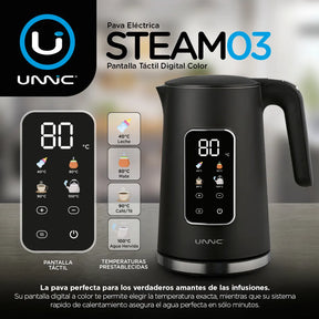 Pava Eléctrica Unnic Pantalla Digital Color Táctil Acero Inoxidable 1.7 L Temperatura Prestablecidas Ideal Para Mate Café Te Color Negro