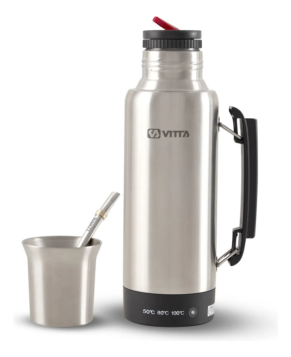 Termo Eléctrico Vitta 1 Litro 2 En 1 Mate Y Bombilla Color Acero