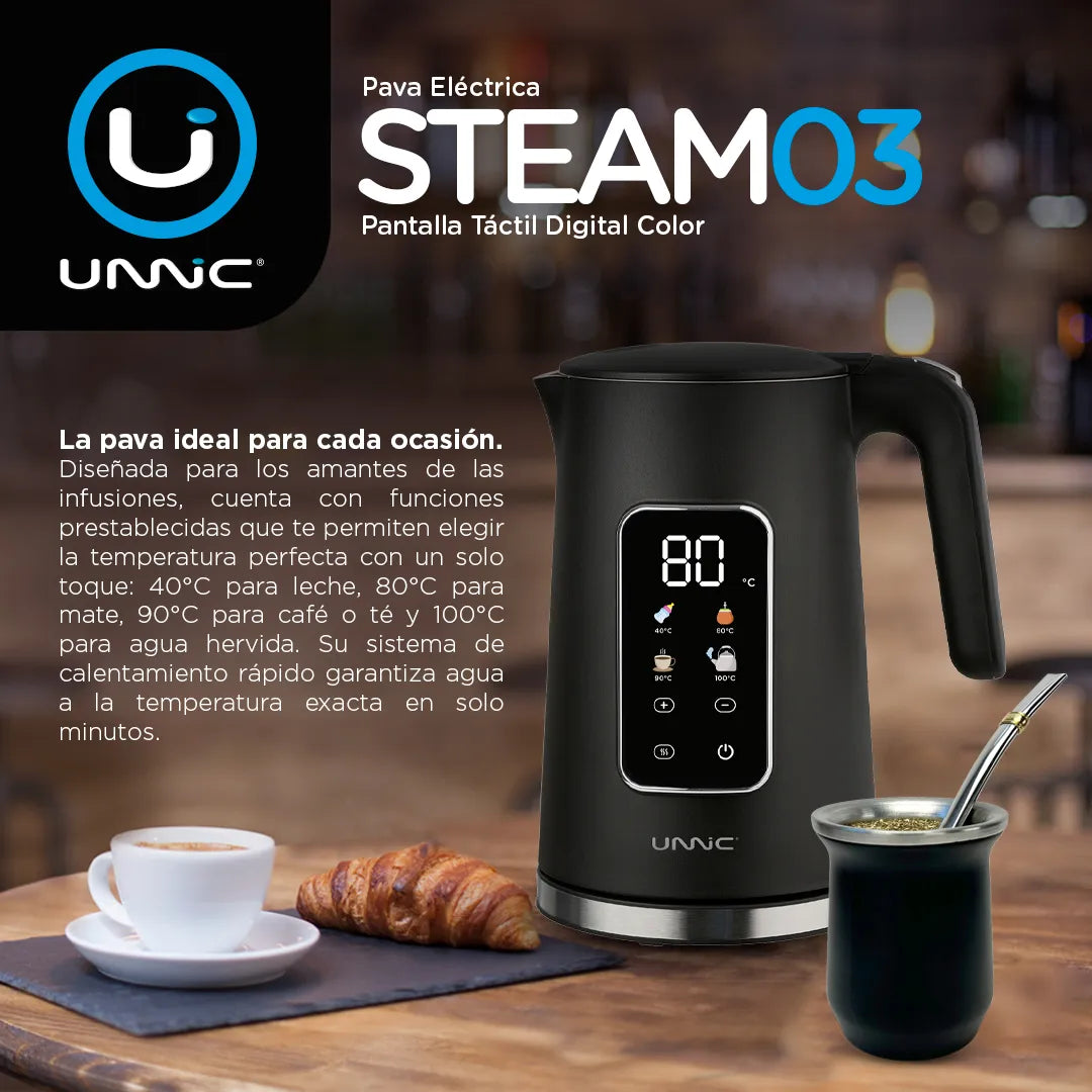 Pava Eléctrica Unnic Pantalla Digital Color Táctil Acero Inoxidable 1.7 L Temperatura Prestablecidas Ideal Para Mate Café Te Color Negro