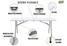 Mesa Plegable Valija 1.8 Mts Hogar Camping Jardín Reforzada Color Blanco